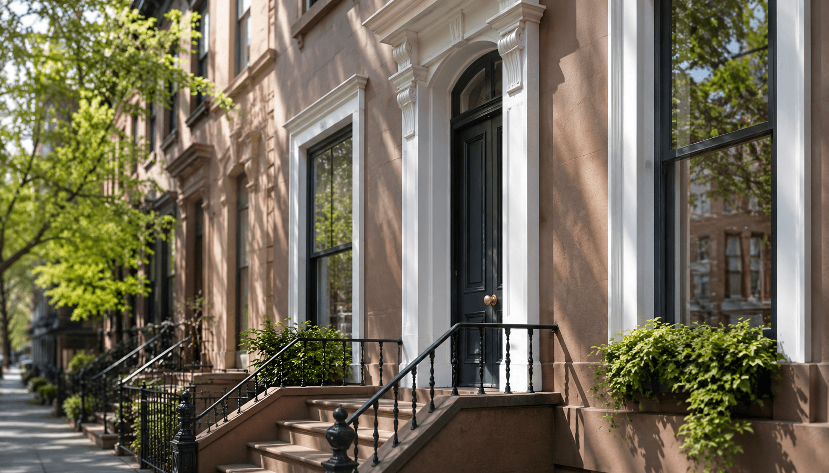 The freshly painted facade and trim of a classic NYC brownstone on a sunny tree-lined street