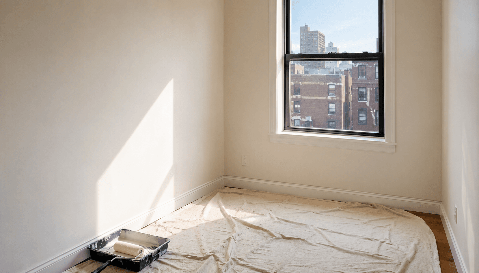 A small empty room mid-repaint with a paint roller and tray in the corner, drop cloth on the floor, NYC buildings visible through the window