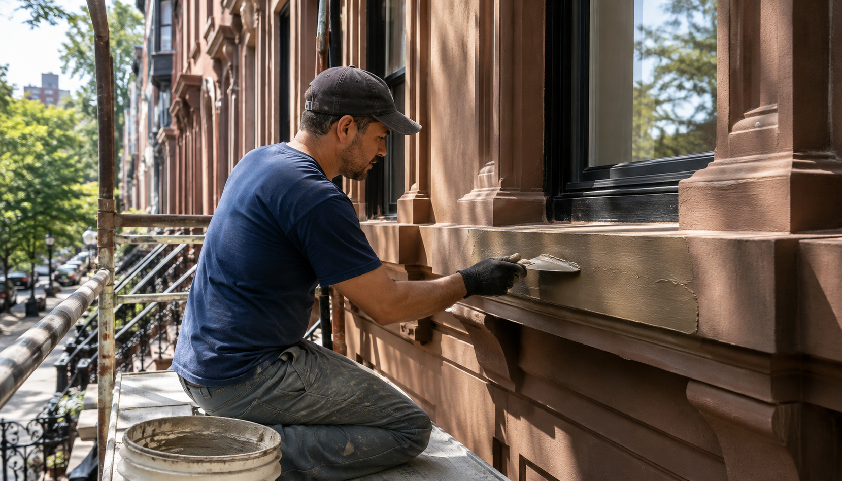 A mason kneeling on a scaffold platform applying tinted patching compound to a brownstone window sill with a trowel, with a row of brownstones and the neighborhood streetscape visible below