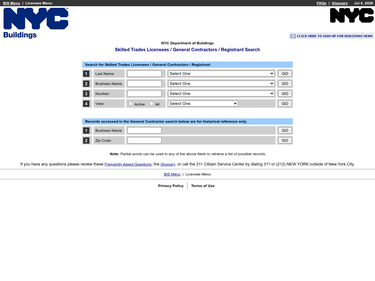 The NYC Department of Buildings license search form used to look up a plumber license by name, business name, or license number.