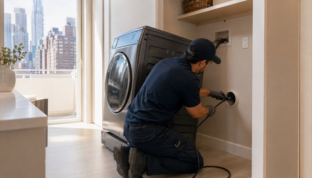 A professional technician kneeling behind a pulled-out clothes dryer in a bright NYC apartment laundry closet, inserting a cleaning rod into the exhaust duct opening, with the city skyline visible through the window