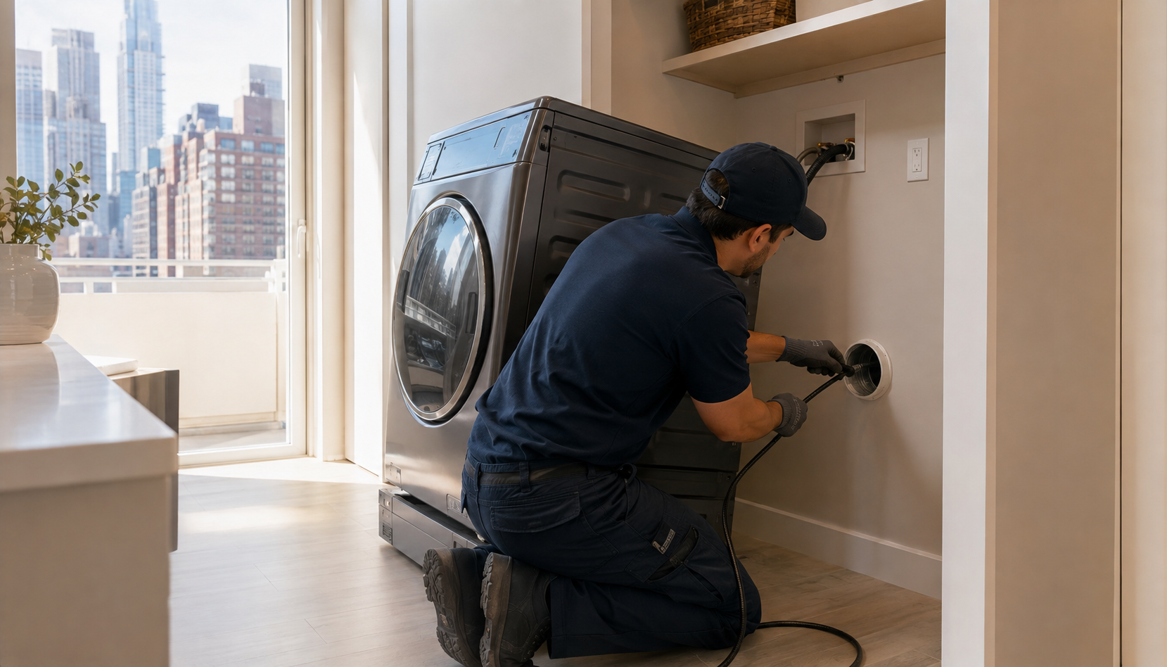 A professional technician kneeling behind a pulled-out clothes dryer in a bright NYC apartment laundry closet, inserting a cleaning rod into the exhaust duct opening, with the city skyline visible through the window