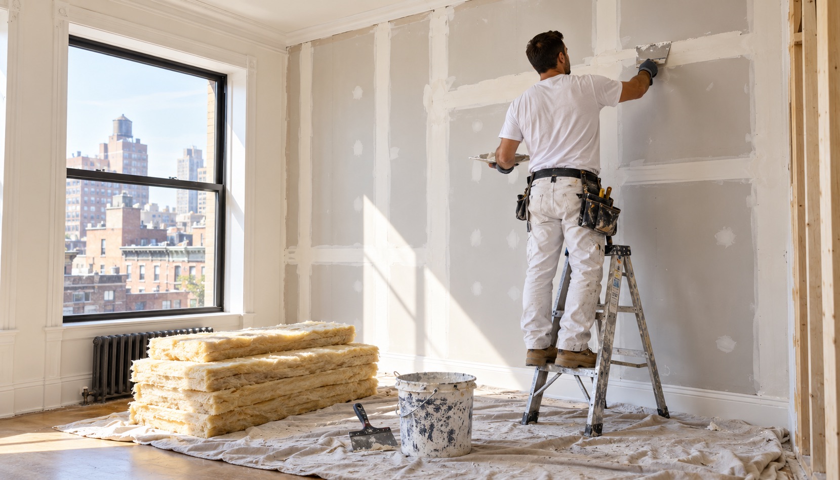 A drywall contractor on a stepladder finishing joint compound on a hung drywall wall in a bright prewar NYC apartment, with stacked insulation batts on a drop cloth and city buildings visible through the window
