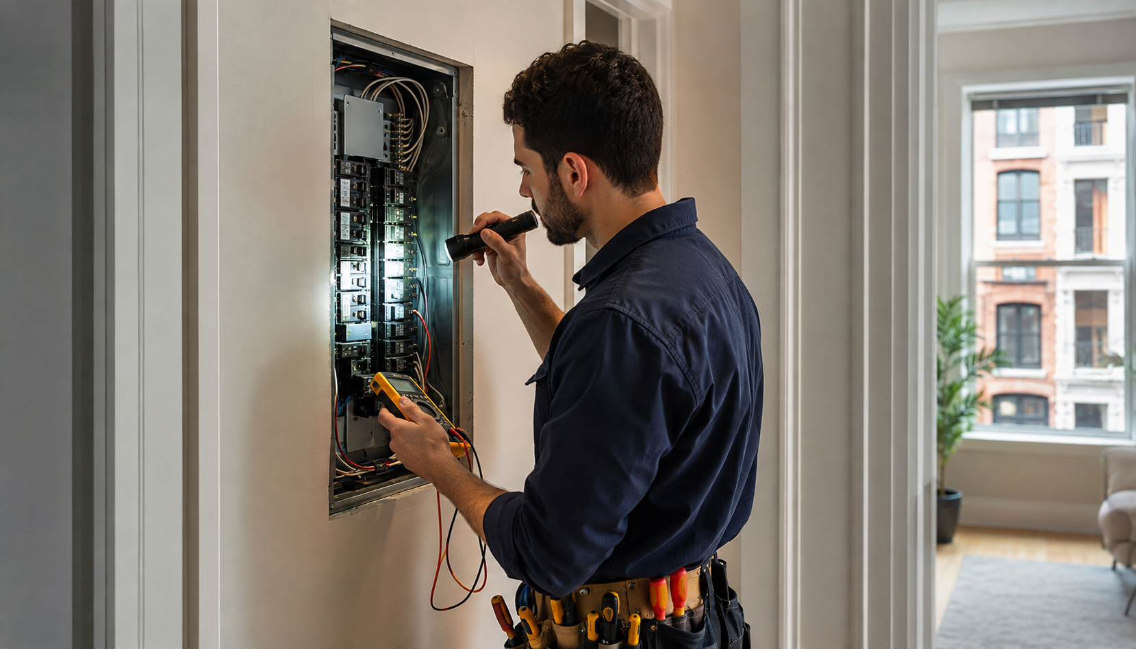 An electrician inspecting an open electrical panel in a NYC apartment utility closet.