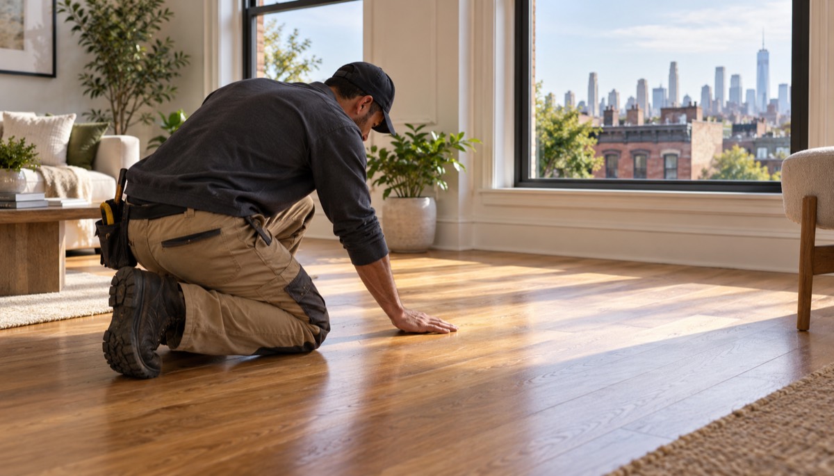 A flooring professional kneeling to inspect a hardwood floor in a bright NYC apartment, with brownstone rooftops and the Manhattan skyline visible through the windows