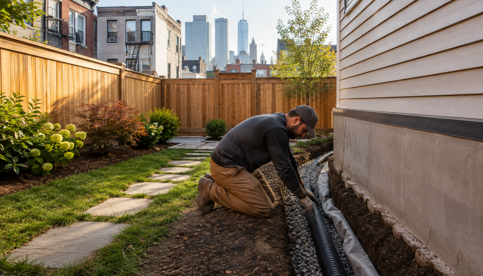 A landscaper kneeling beside an open trench along the foundation of a house in an outer-borough NYC backyard, laying perforated pipe and gravel for a French drain, with the Manhattan skyline visible over a wooden fence