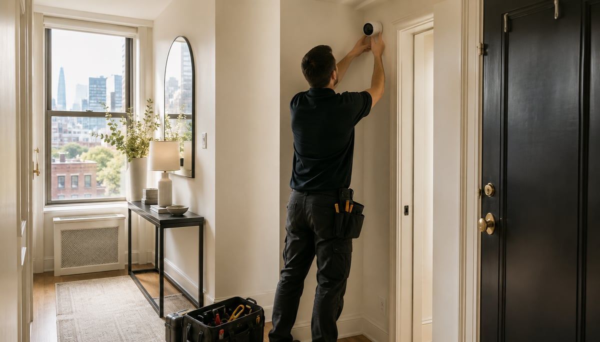 A security system technician mounting a small camera near a doorway in a bright NYC apartment entryway, with the city skyline visible through a window