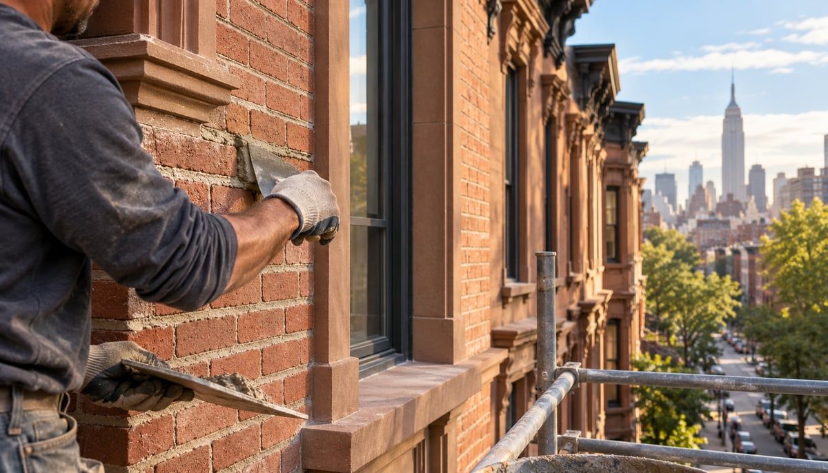 A mason on a scaffold repointing brick on a NYC brownstone facade with a trowel, city skyline visible in the background