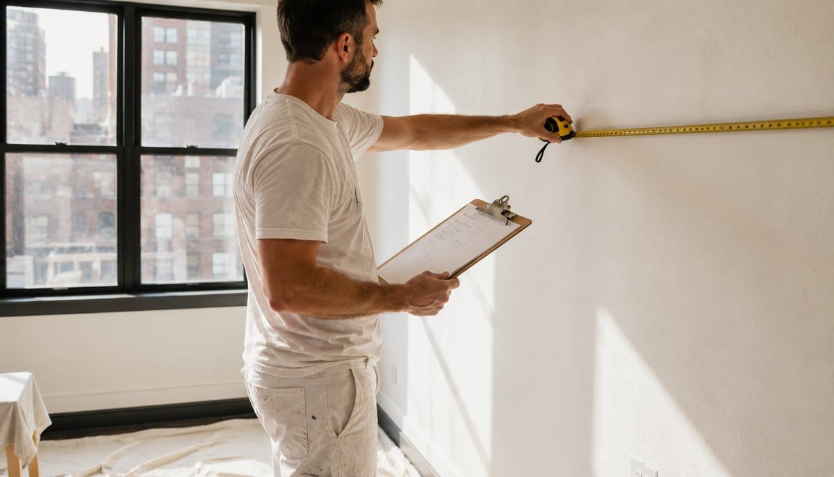 A professional painter measuring a wall with a tape measure while holding a clipboard with a written estimate, in a bright NYC apartment with the city skyline visible through the window
