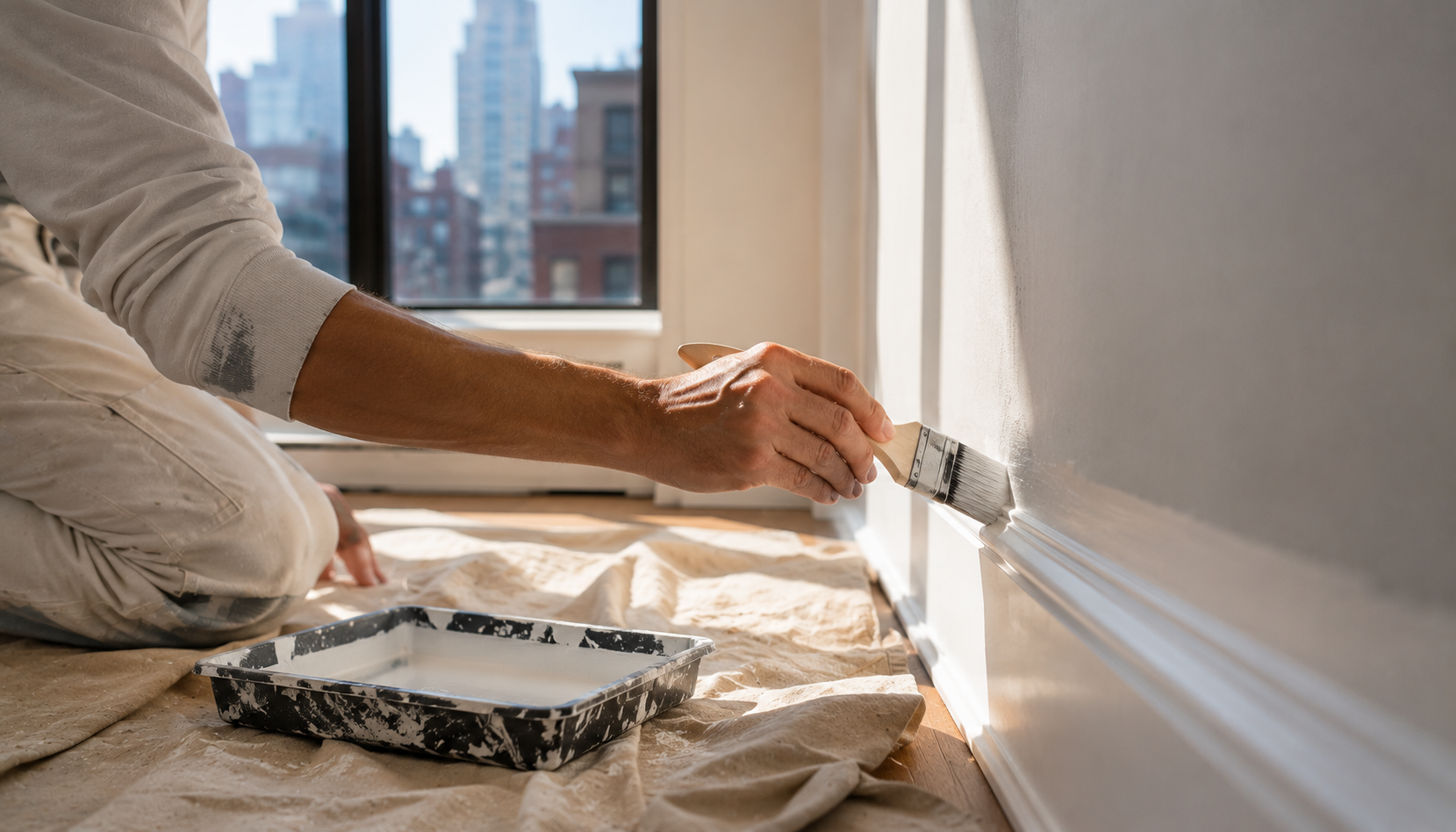 A painter's hand carefully cutting in a wall edge with a brush near white trim in a bright NYC apartment, with the city skyline visible through the window