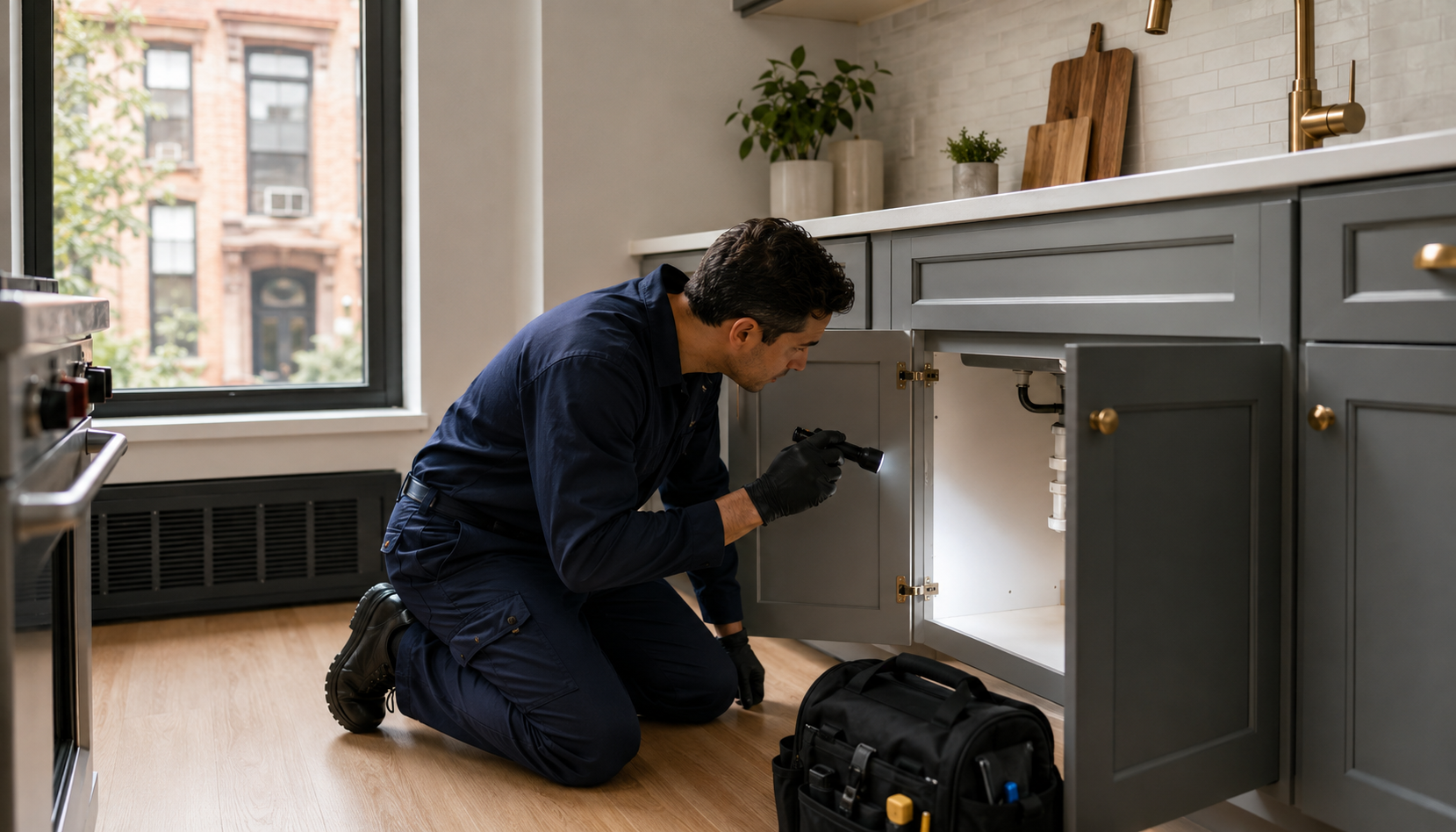 A pest control technician inspecting under a kitchen cabinet with a flashlight in a bright NYC apartment.