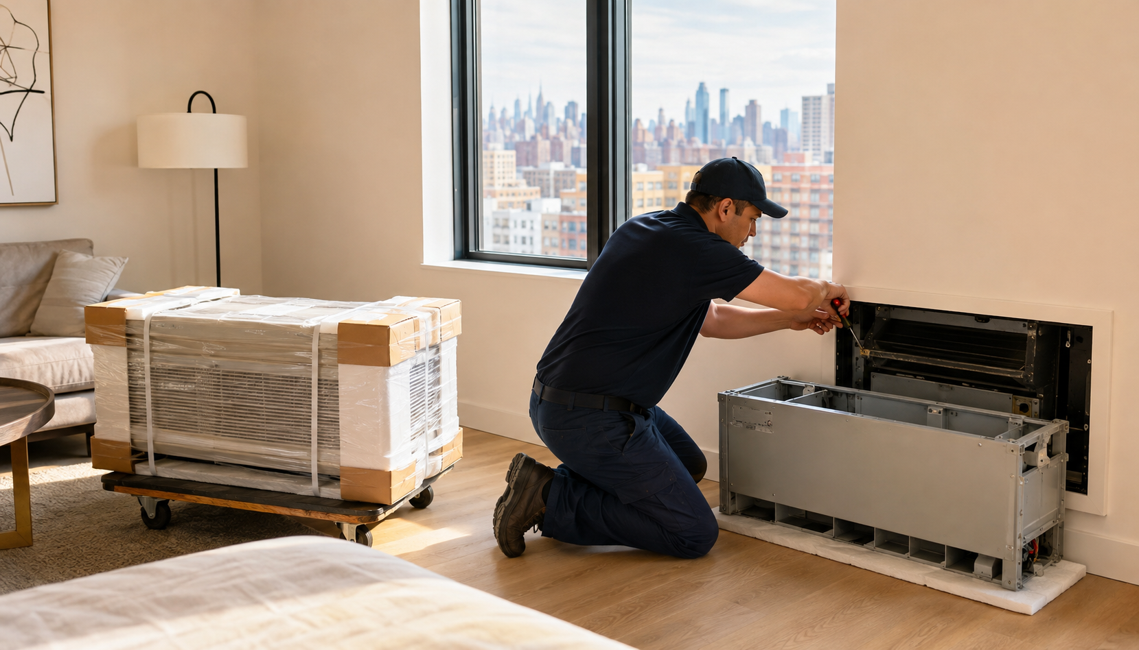 A technician kneeling to install a new PTAC unit into an existing wall sleeve in a bright NYC apartment, with the old unit set aside on a drop cloth and the new unit still packaged on a dolly, city skyline visible through the window