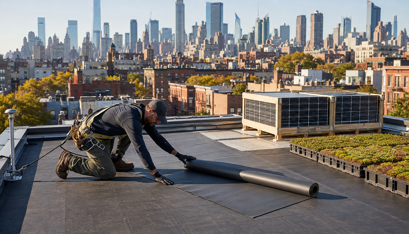 A roofer in a safety harness installing a new roofing membrane on a flat NYC rooftop, with solar panel crates and green roof vegetation trays staged nearby and the Manhattan skyline in the background