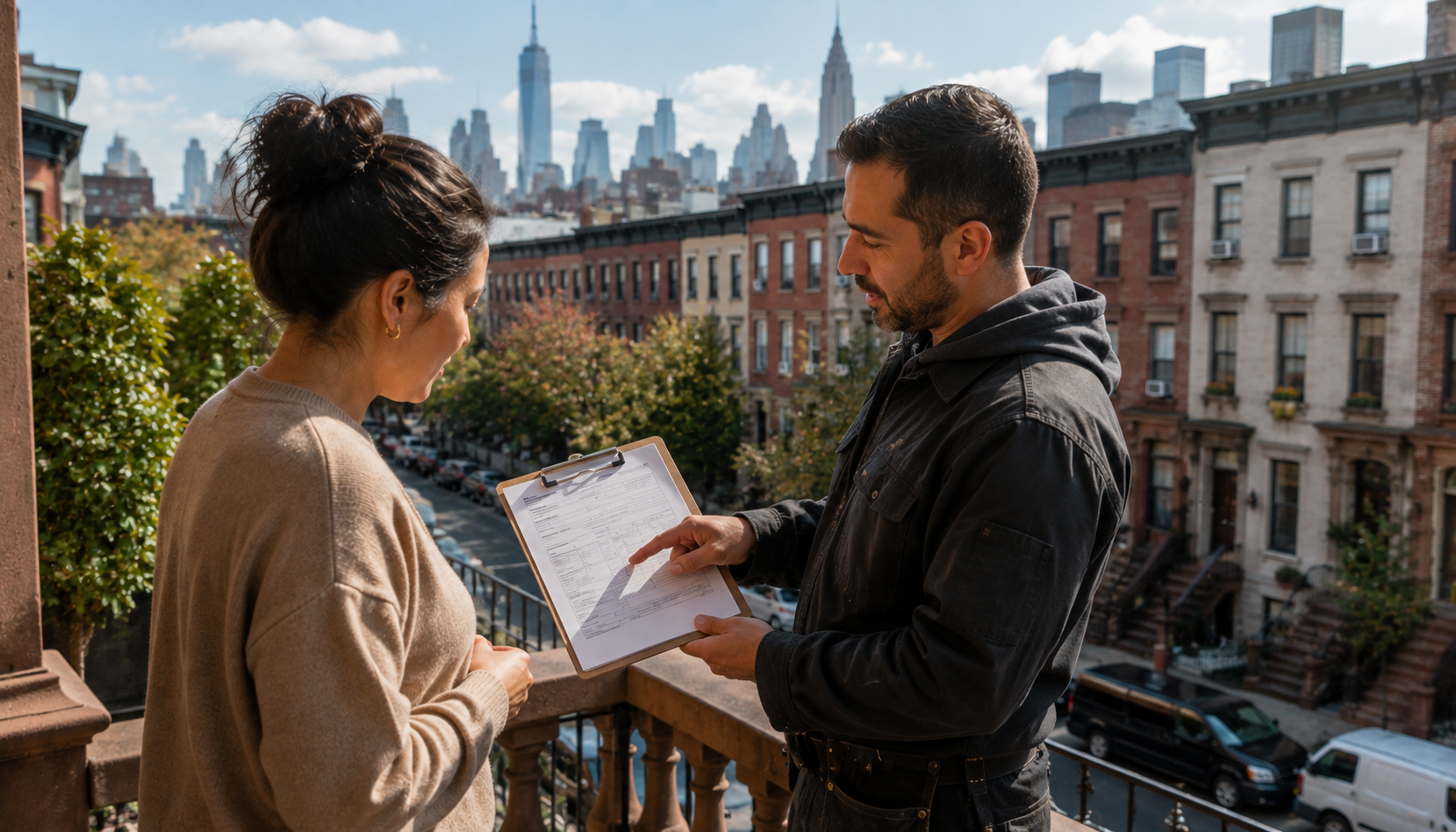 A roofer showing a homeowner a written estimate on a clipboard on a NYC rooftop terrace, brownstones and the Manhattan skyline in the background
