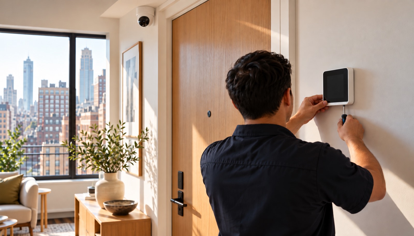 A security installer seen from behind fastening a compact wall-mounted control panel beside the door of a bright NYC apartment entryway, with a small dome camera in the ceiling corner and the city skyline visible through the window