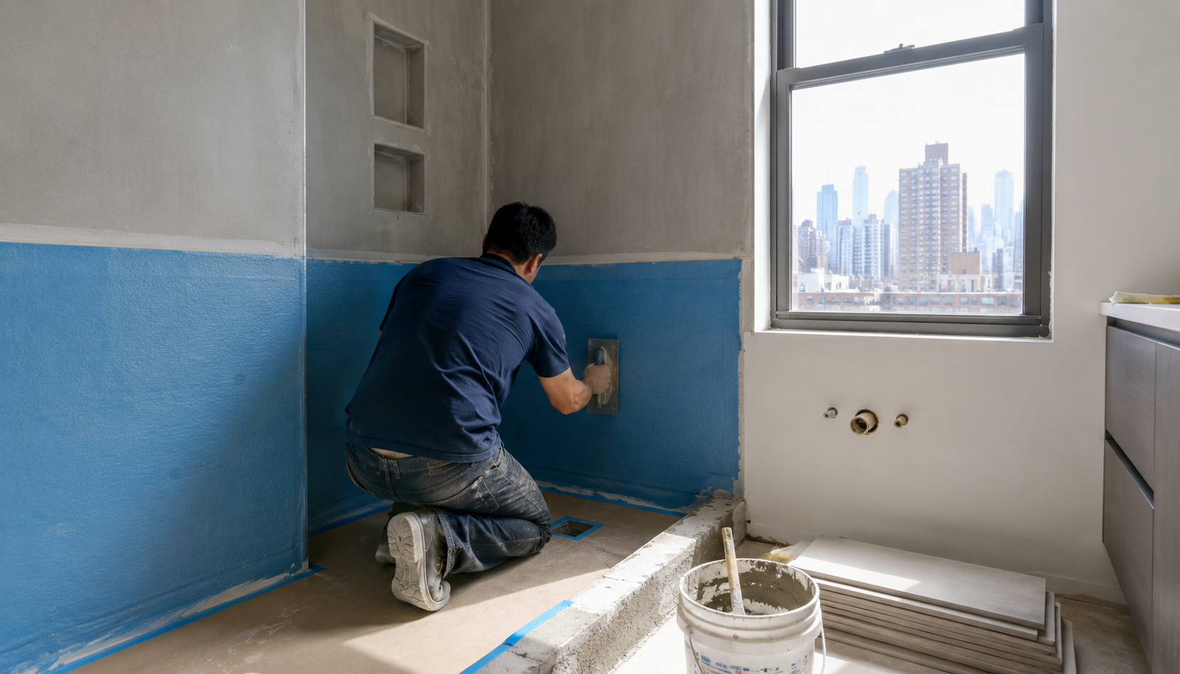 A tile installer kneeling to apply a waterproofing membrane to a shower wall in a bright, mid-renovation NYC bathroom, with built-in niches and stacked tile visible and the city skyline through the window