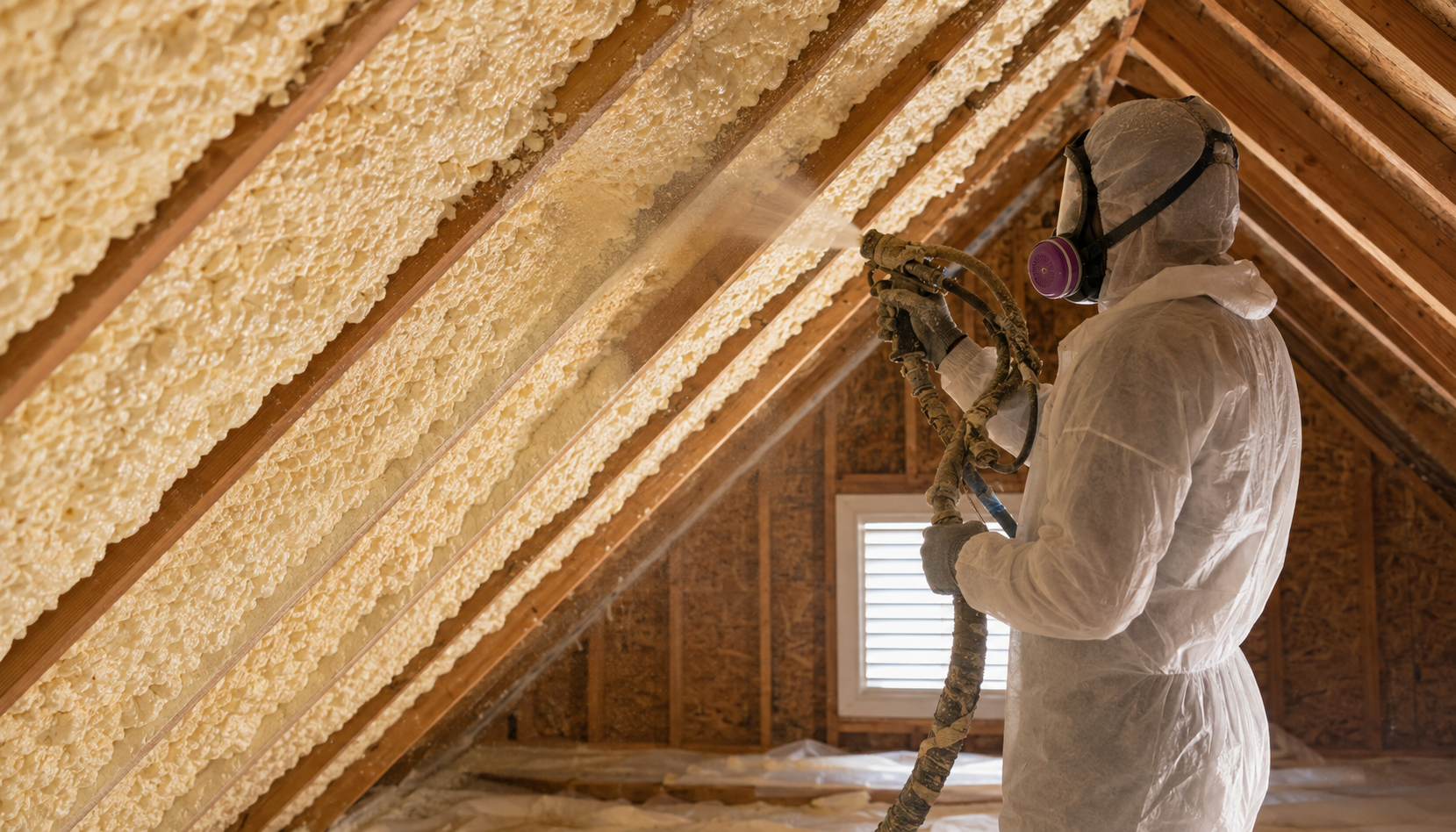 A professional insulation contractor in a protective coverall and respirator spraying open-cell foam insulation onto the underside of an attic roof deck