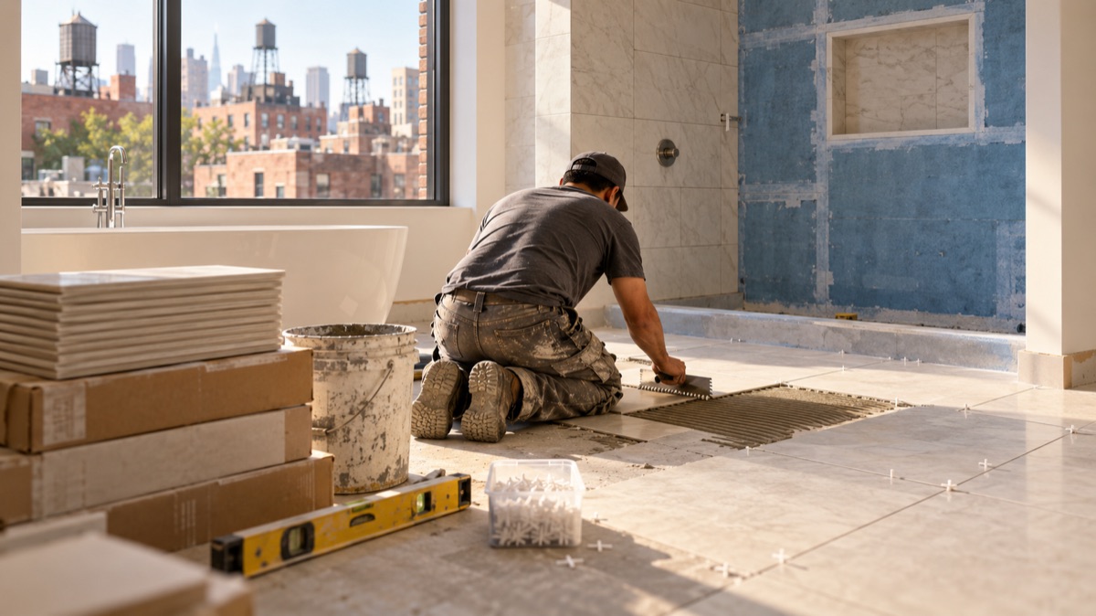 A tile installer kneeling to set a large porcelain floor tile in a bright NYC bathroom, with a waterproofed shower wall and recessed niche half tiled behind them and city rooftops visible through the window