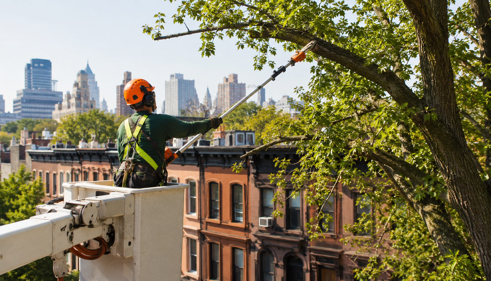 An arborist in a safety harness and helmet trims a high branch with a pole pruner from a bucket truck lift, with Brooklyn brownstone rooftops and the Manhattan skyline in the background