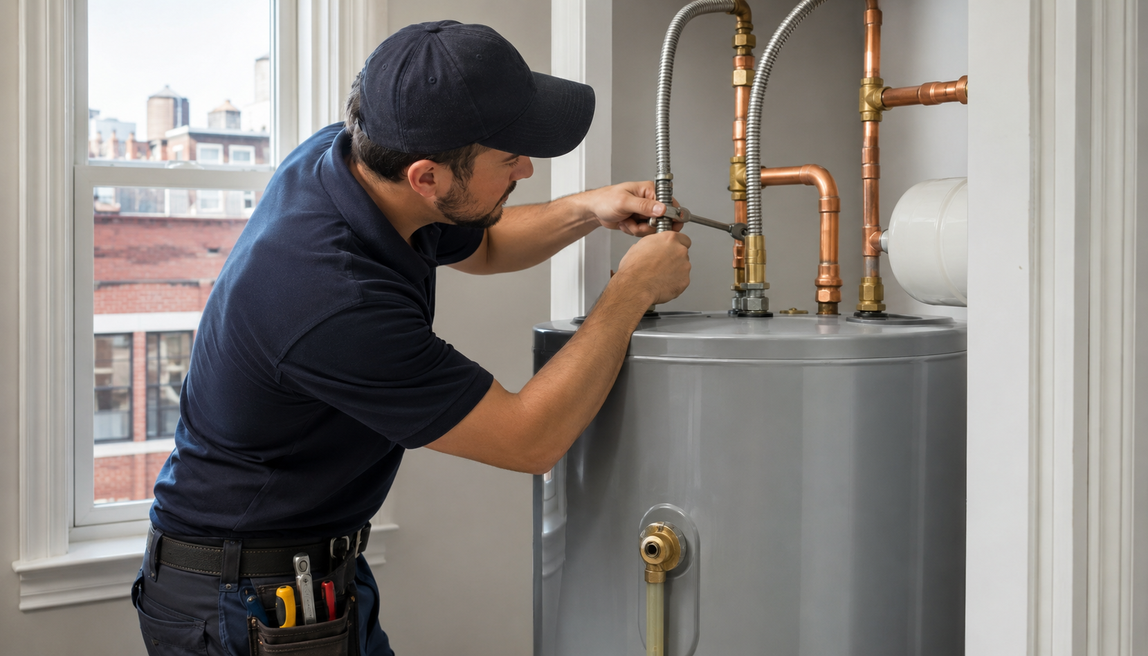 A plumber installing a new water heater tank in a clean NYC apartment utility closet.