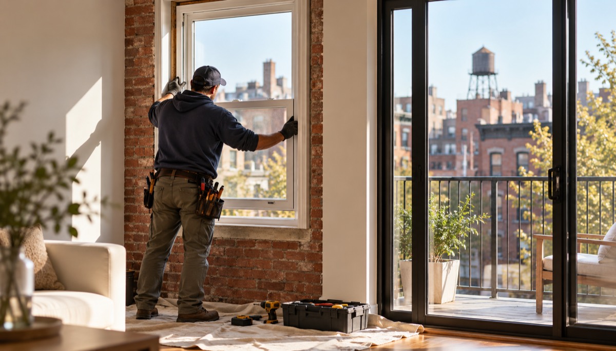 A window installer, seen from behind, fitting a new window into a brick opening in a bright NYC apartment, with a balcony door and brownstone rooftops visible outside